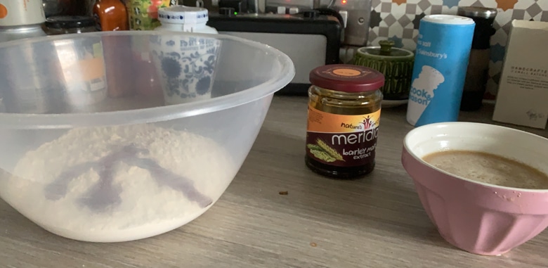 Flour, barley malt syrup and yeast mixture waiting to be combined in this recipe for bagels